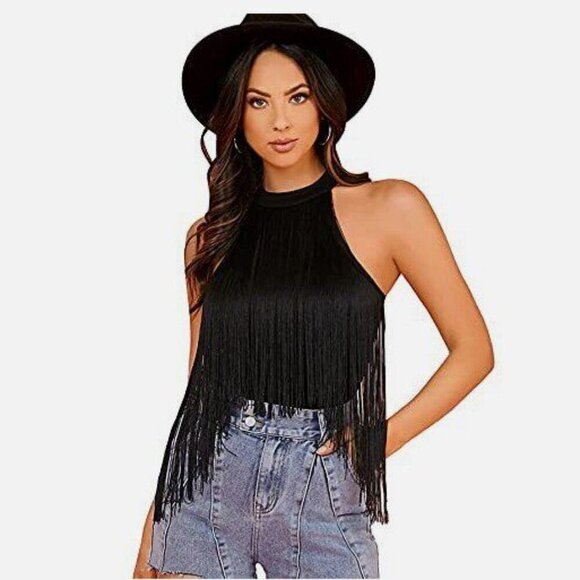 NEW  FRINGE WESTERN HALTER CAMI BOHO BODYSUIT TOP COSTUME COSPLAY - Picture 1 of 14